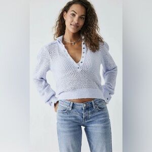NWOT Free People Snowdrift Periwinkle Henley Pullover Boucle Knit Sweater Sz S